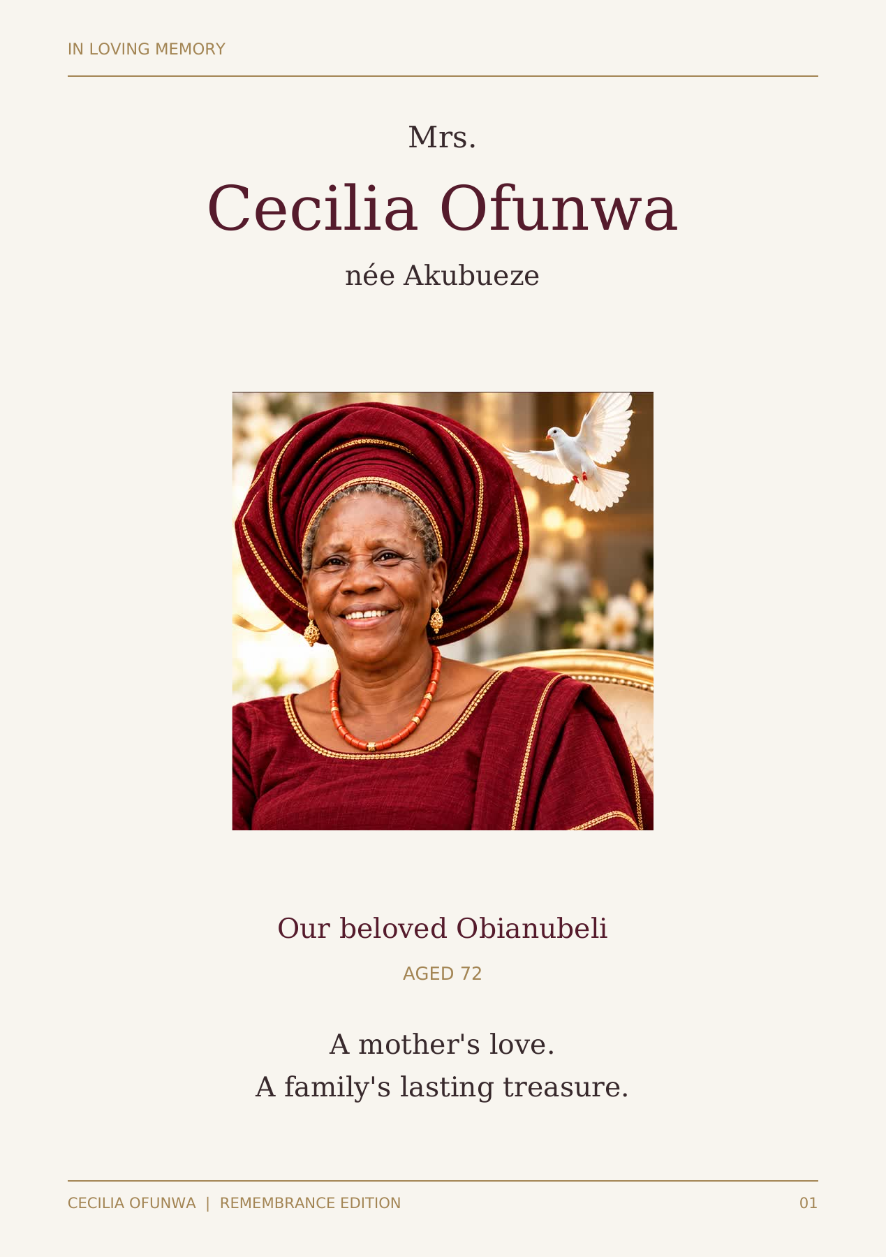 Memorial remembrance card for Mrs. Cecilia Ofunwa